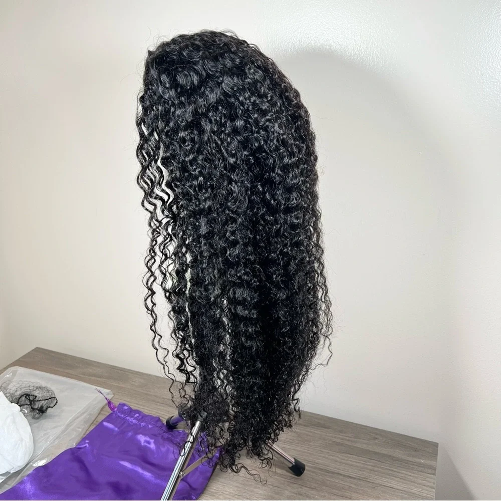 Natural Black Kinky Curly Human Hair 26 Inch Glueless Half Wig